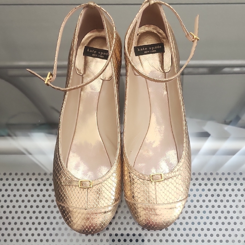 Kate Spade Gold Snakeskin Textured Mary Jane Ballet Flats Low Heel Classic Chic - Picture 2 of 10